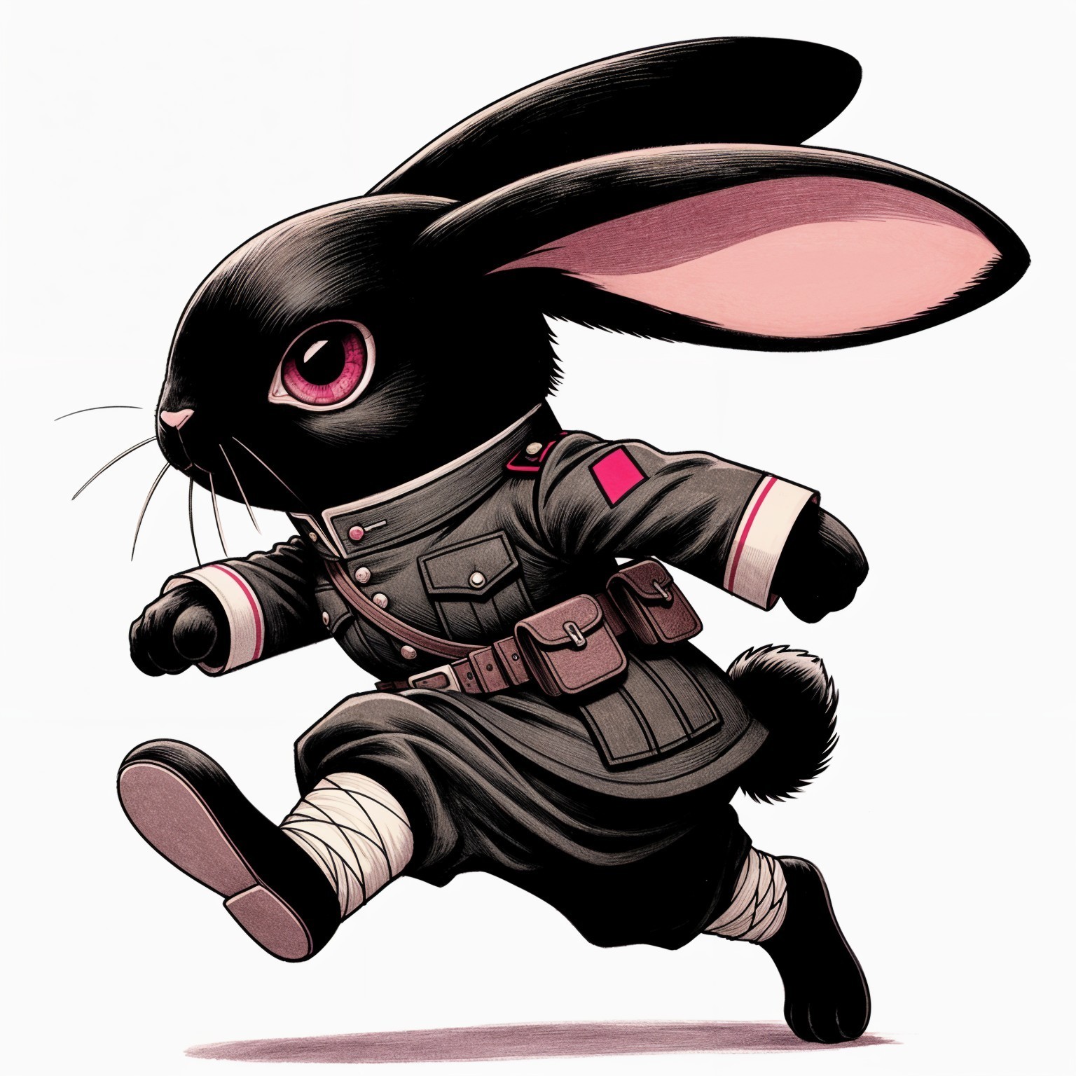Cartoon Black Rabbit in Military Uniform with Bandages