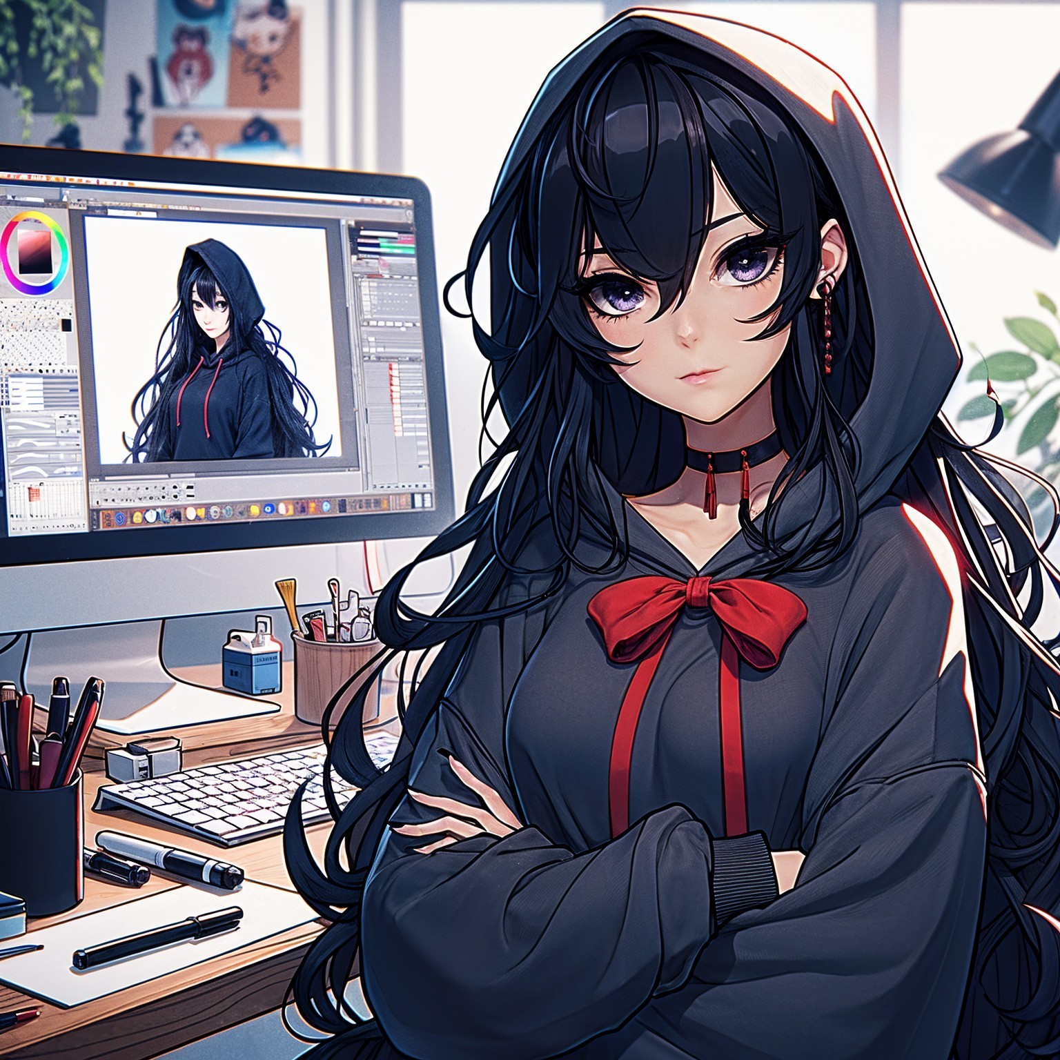 Young woman with black hair at a cluttered desk