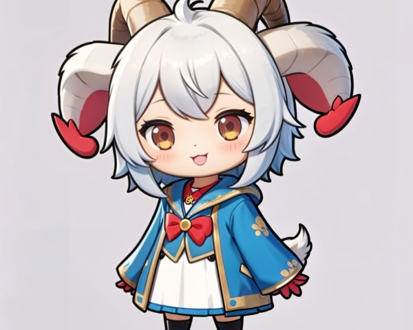 Chibi Character with White Hair and Ram Horns