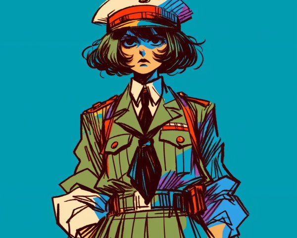 Confident Figure in Military Uniform Against Turquoise Background
