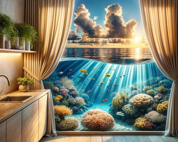 Serene Kitchen with Underwater Coral Reef View
