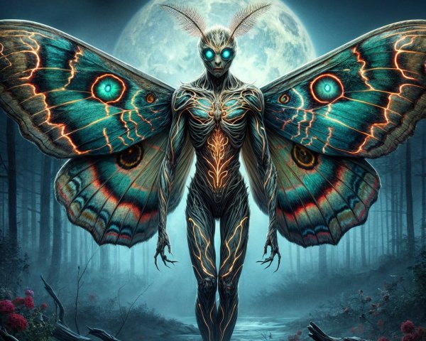 Humanoid Creature with Butterfly Wings in Mystical Forest