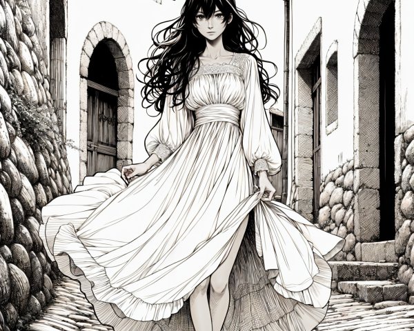 Young woman in white dress on cobblestone street