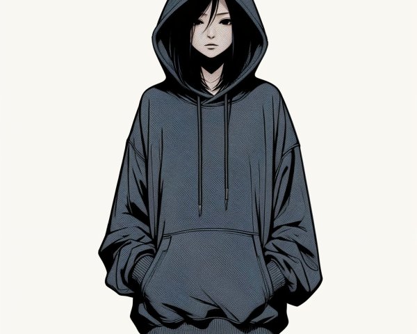 Young woman in oversized gray hoodie with calm demeanor