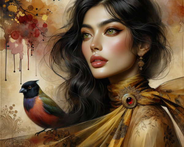 Striking Woman in Golden Garment with Colorful Bird