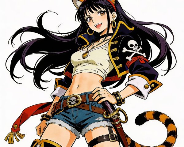 Anime Woman in Pirate Jacket with Fox Ears and Jewelry
