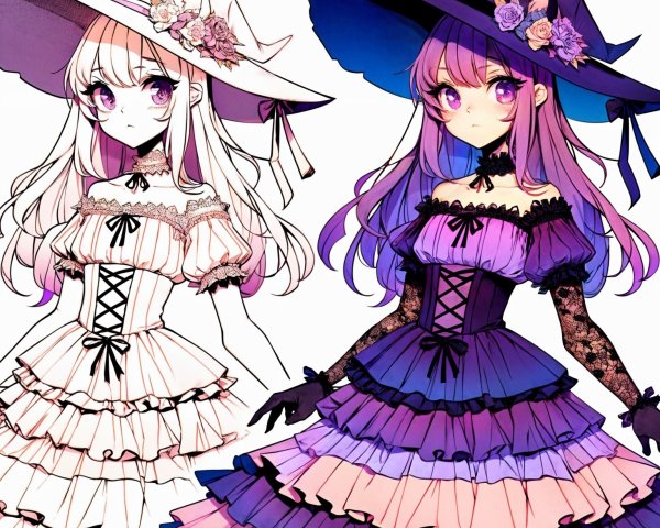 Stylized Characters in Elaborate Ruffled Dresses