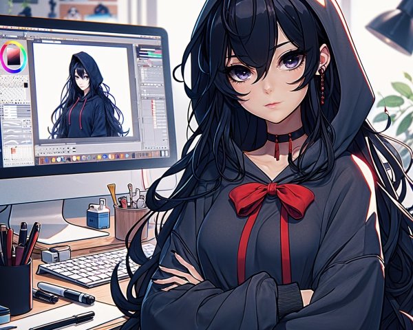 Young woman with black hair at a cluttered desk