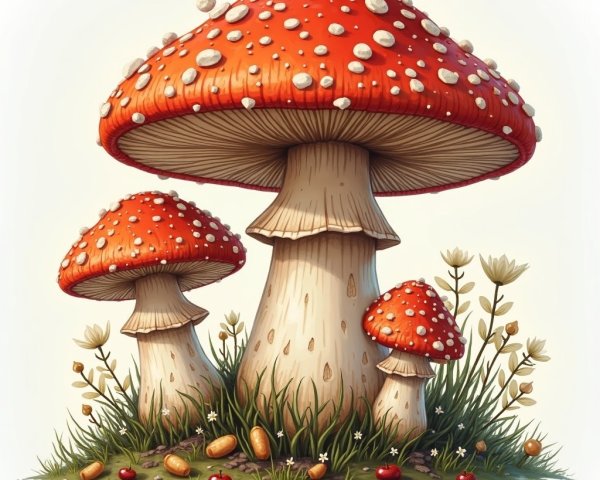 Whimsical Illustration of Red Mushrooms in Grass