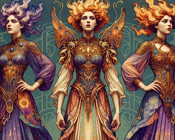 Three Regal Figures in Elaborate Fantasy Dresses
