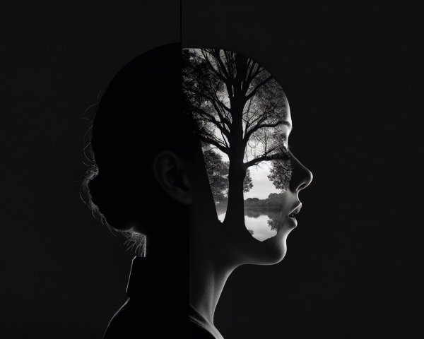 Silhouette of Woman with Serene Landscape Inside