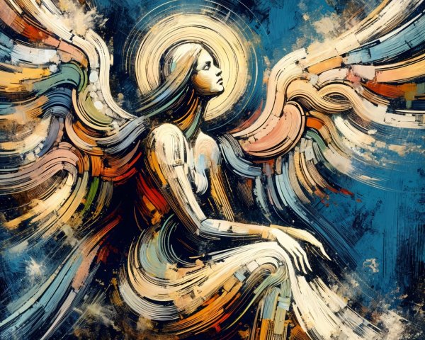 Ethereal Angel Figure with Flowing Wings in Blue Background