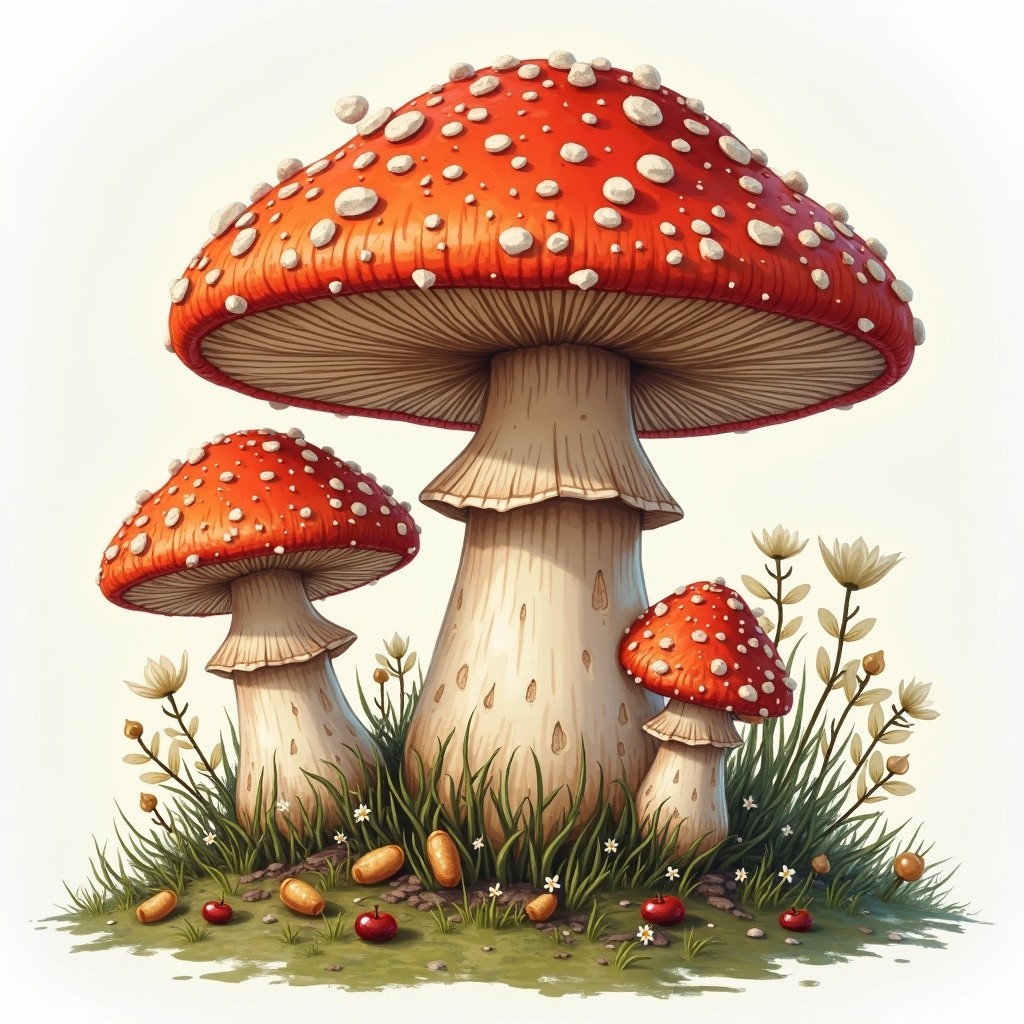 Whimsical Illustration of Red Mushrooms in Grass