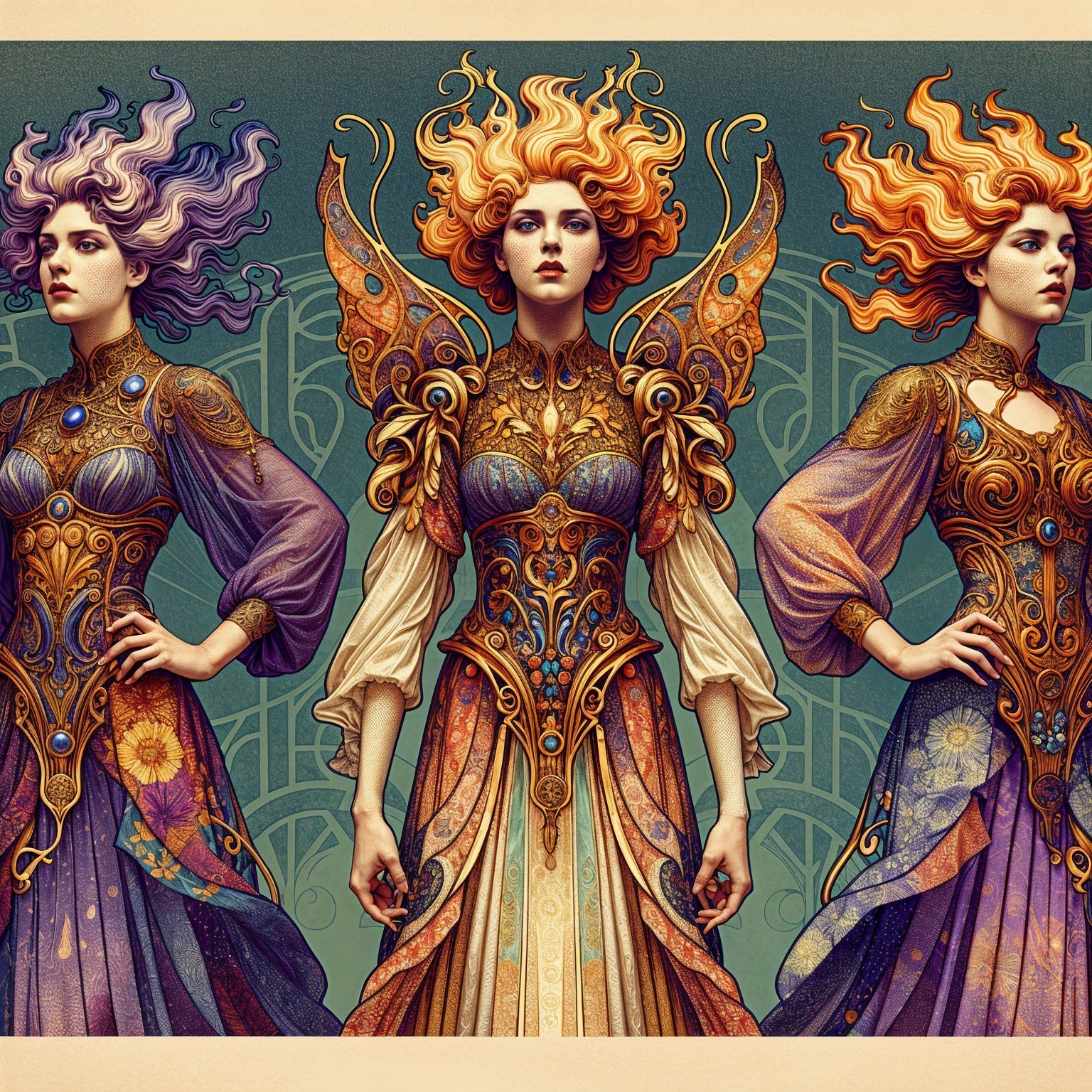 Three Regal Figures in Elaborate Fantasy Dresses