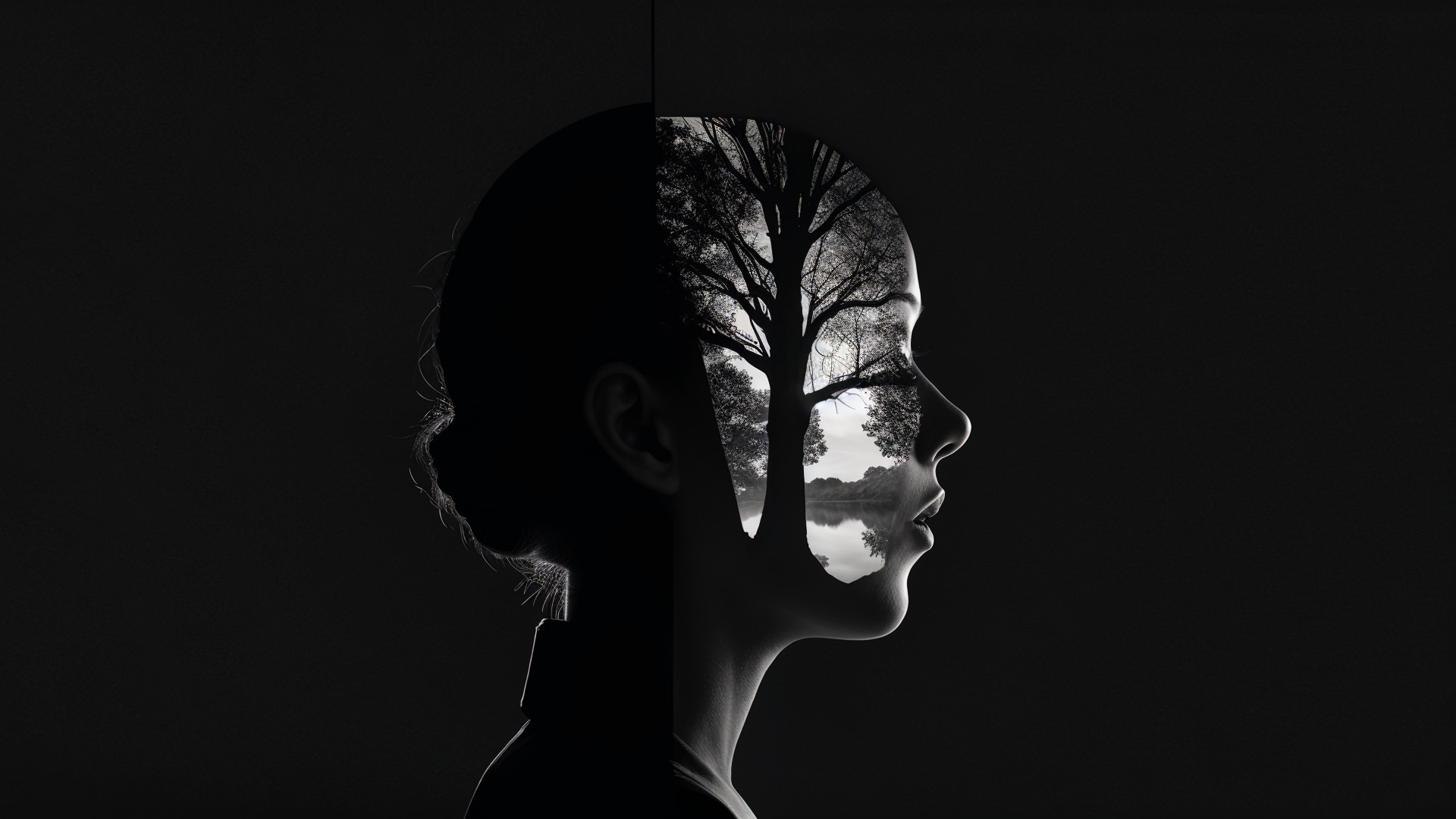 Silhouette of Woman with Serene Landscape Inside