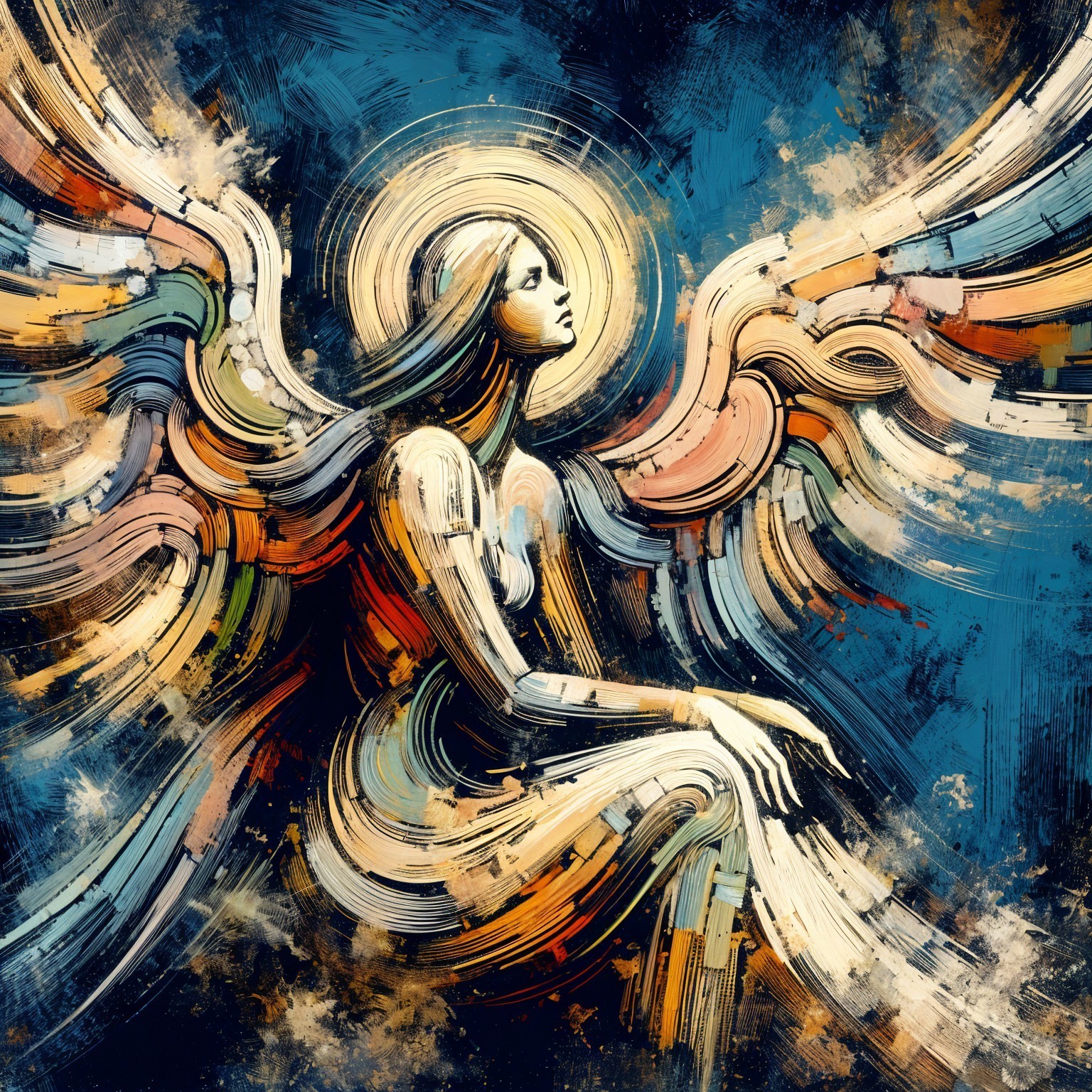 Ethereal Angel Figure with Flowing Wings in Blue Background