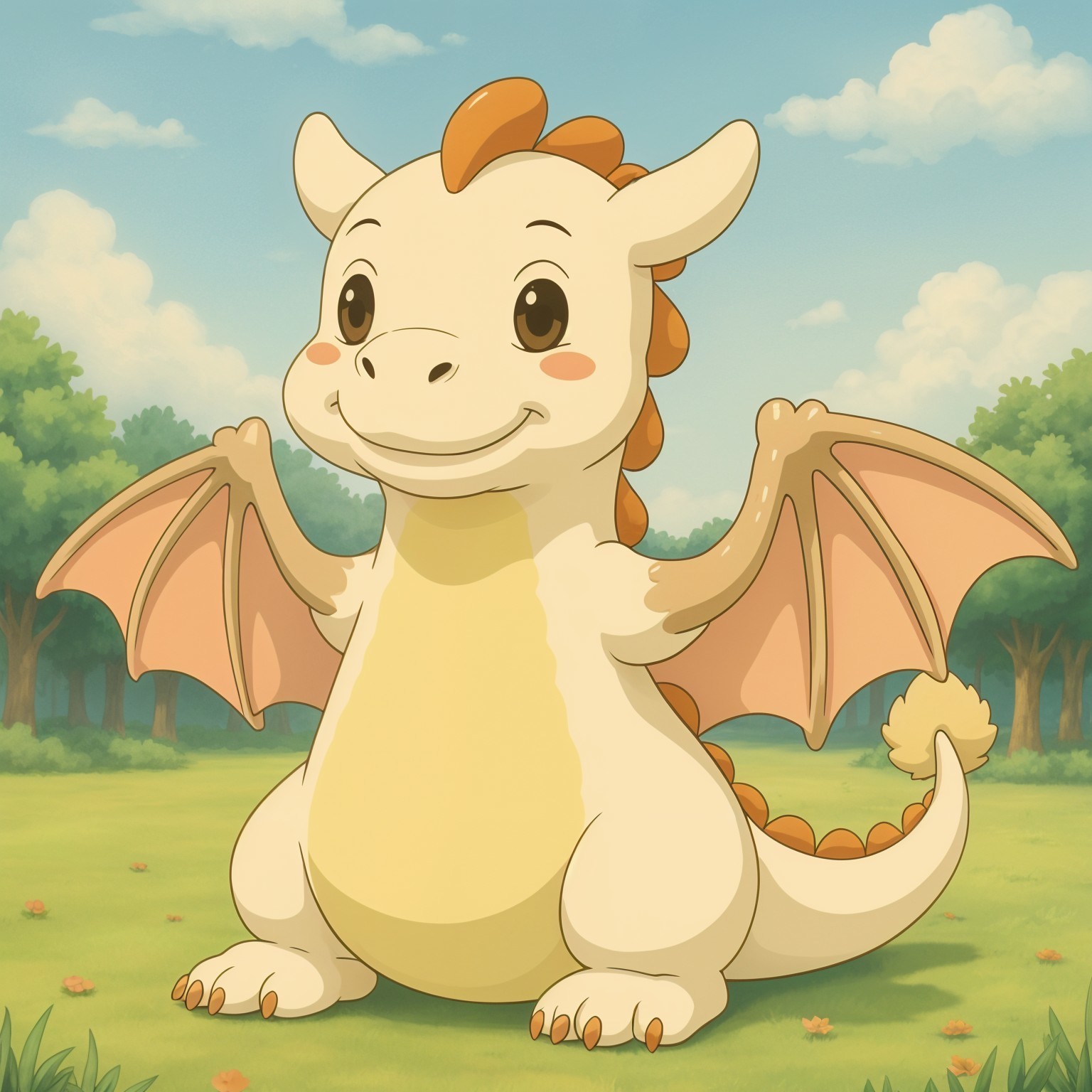 Cartoon Dragon in a Green Meadow with Blue Sky