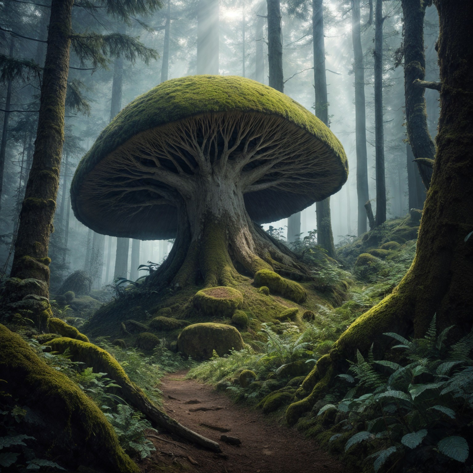 Colossal Mushroom in a Misty Forest Setting