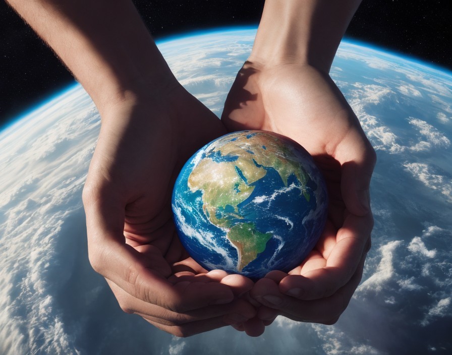 Hands cradle miniature Earth in space backdrop symbolizing care.