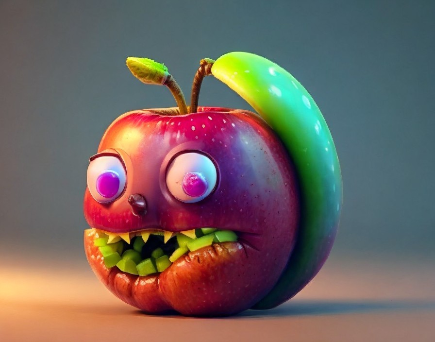 Whimsical red apple with cartoon face and purple eyes