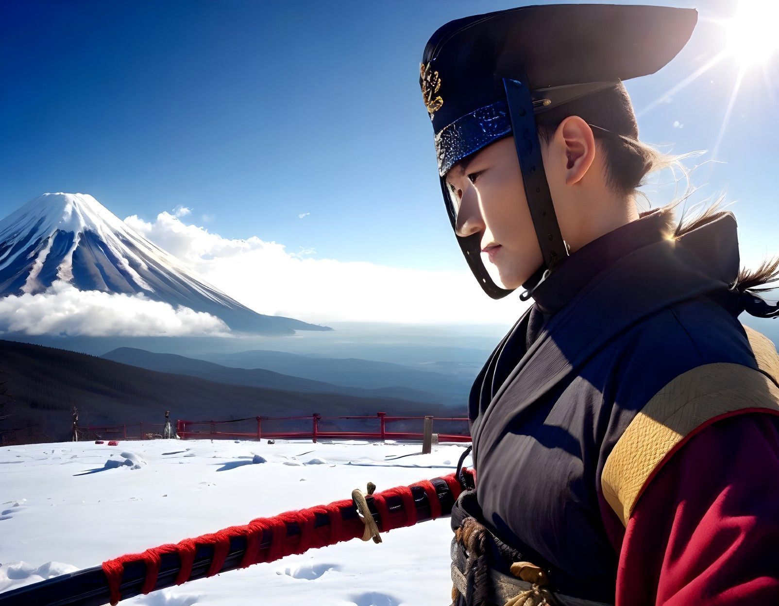 Traditional Samurai Armor Figure Contemplating Snowy Mount Fuji