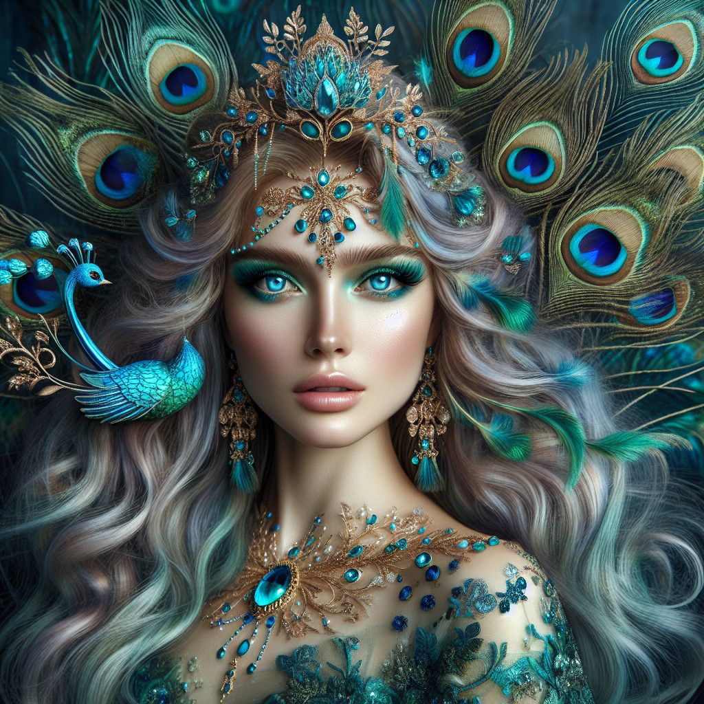 Portrait of a woman with peacock-themed jewelry and headdress