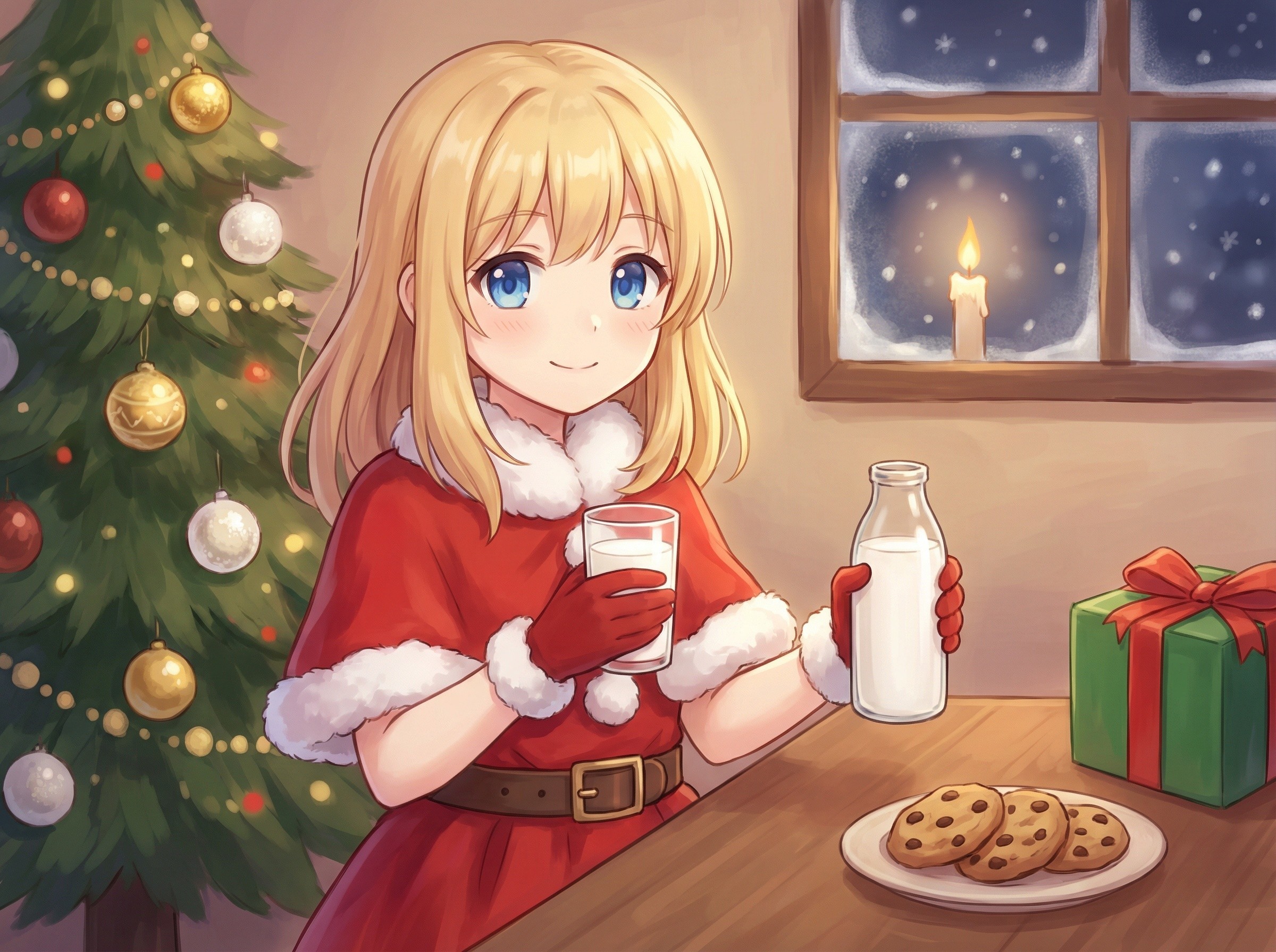 Anime Girl in Santa Outfit by Christmas Tree