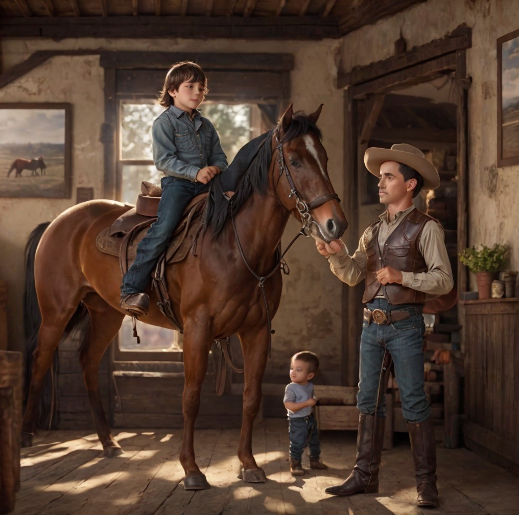 Boy on Brown Horse in Rustic Equestrian Setting