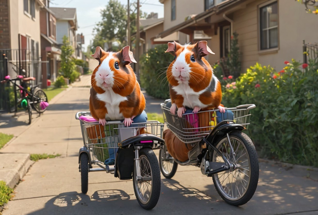 Guinea Pigs on Bicycles in a Sunny Suburban Scene