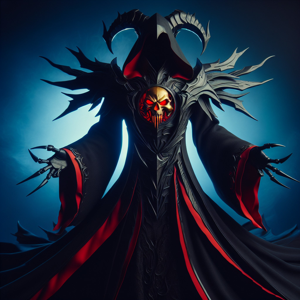 Dramatic Cloaked Figure with Skull Mask and Crimson Lining
