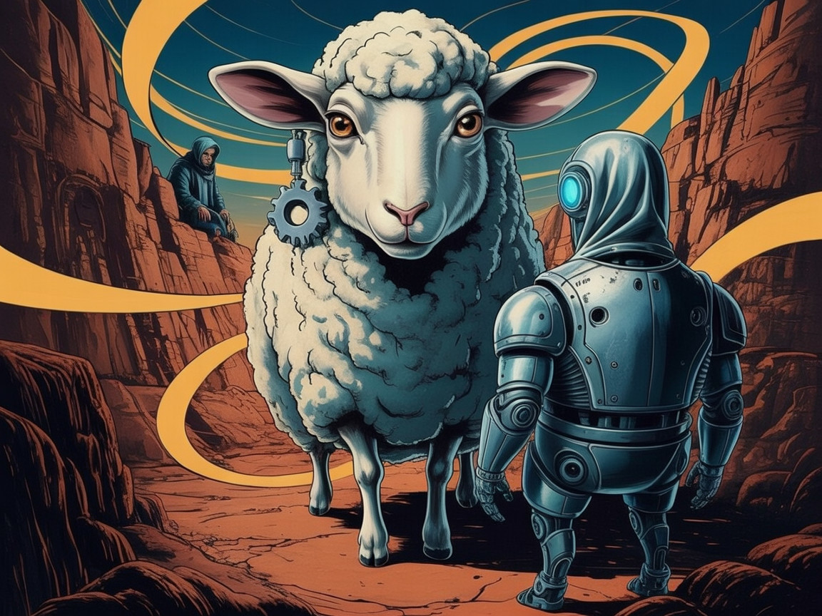 Mechanical Sheep in Surreal Futuristic Landscape