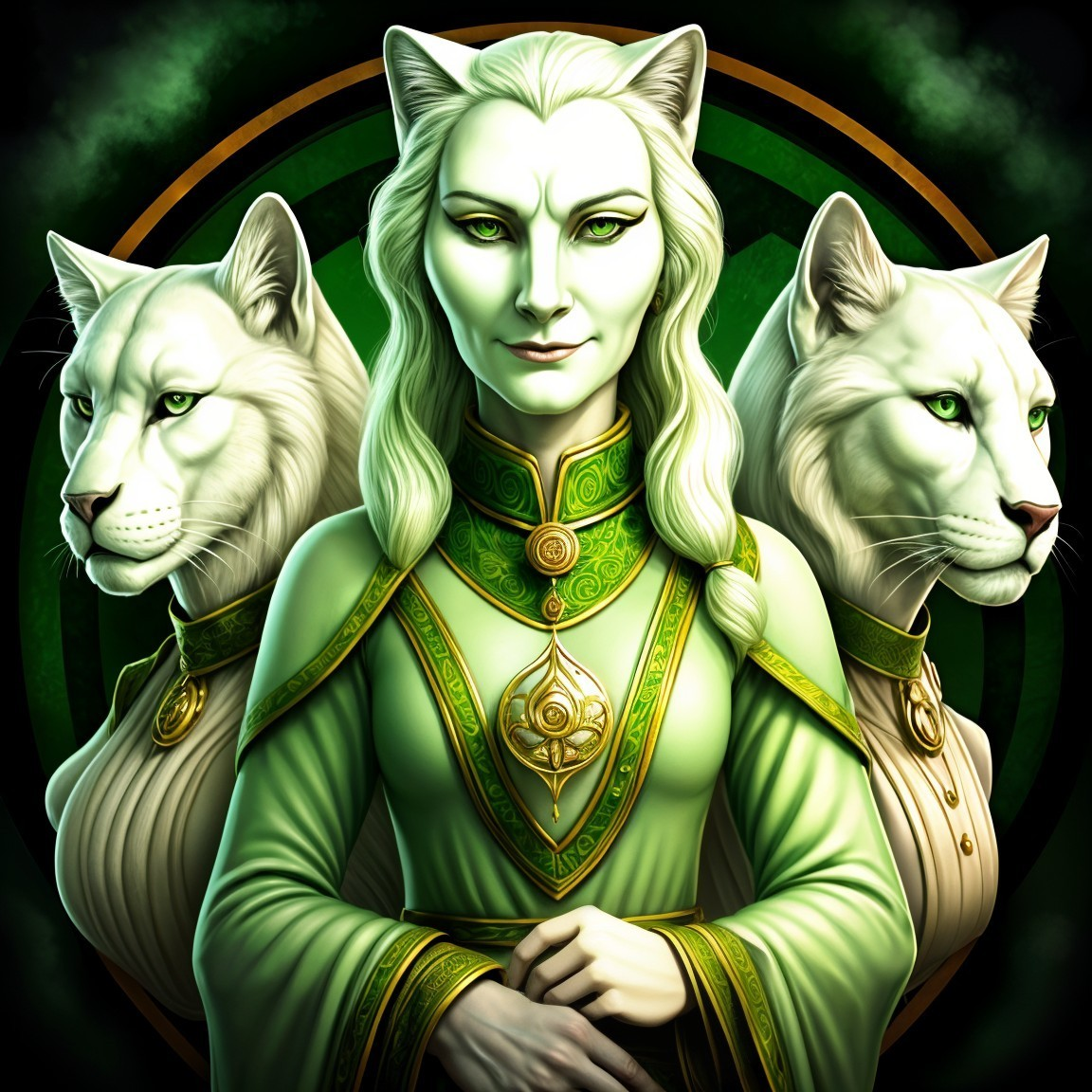 Mystical Figure with Feline Traits and White Lions