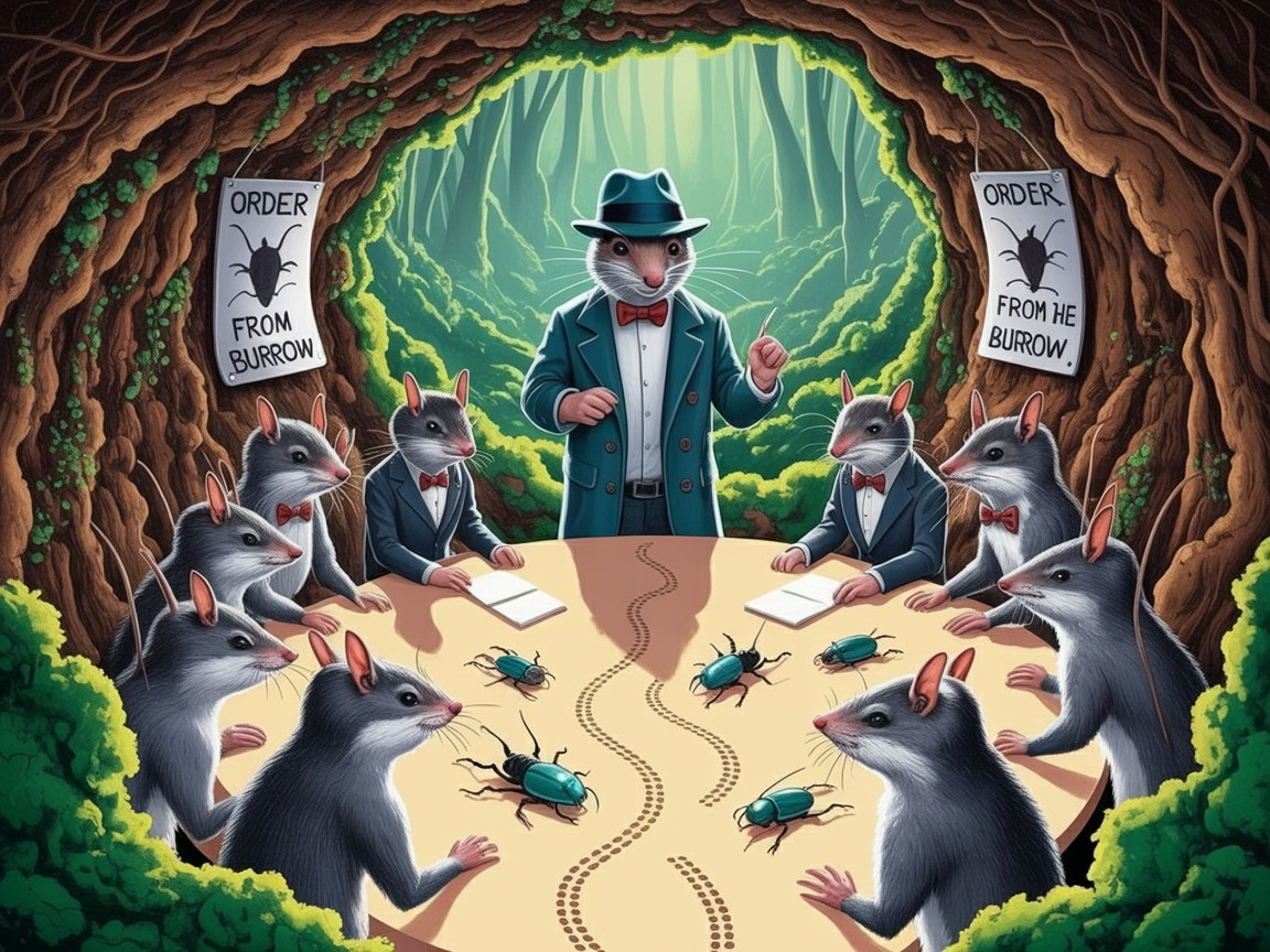 Dapper Mice in Suits Gather Around Wooden Table