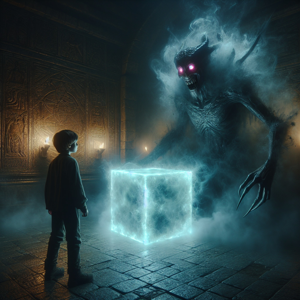 Young boy faces shadowy creature in ancient chamber