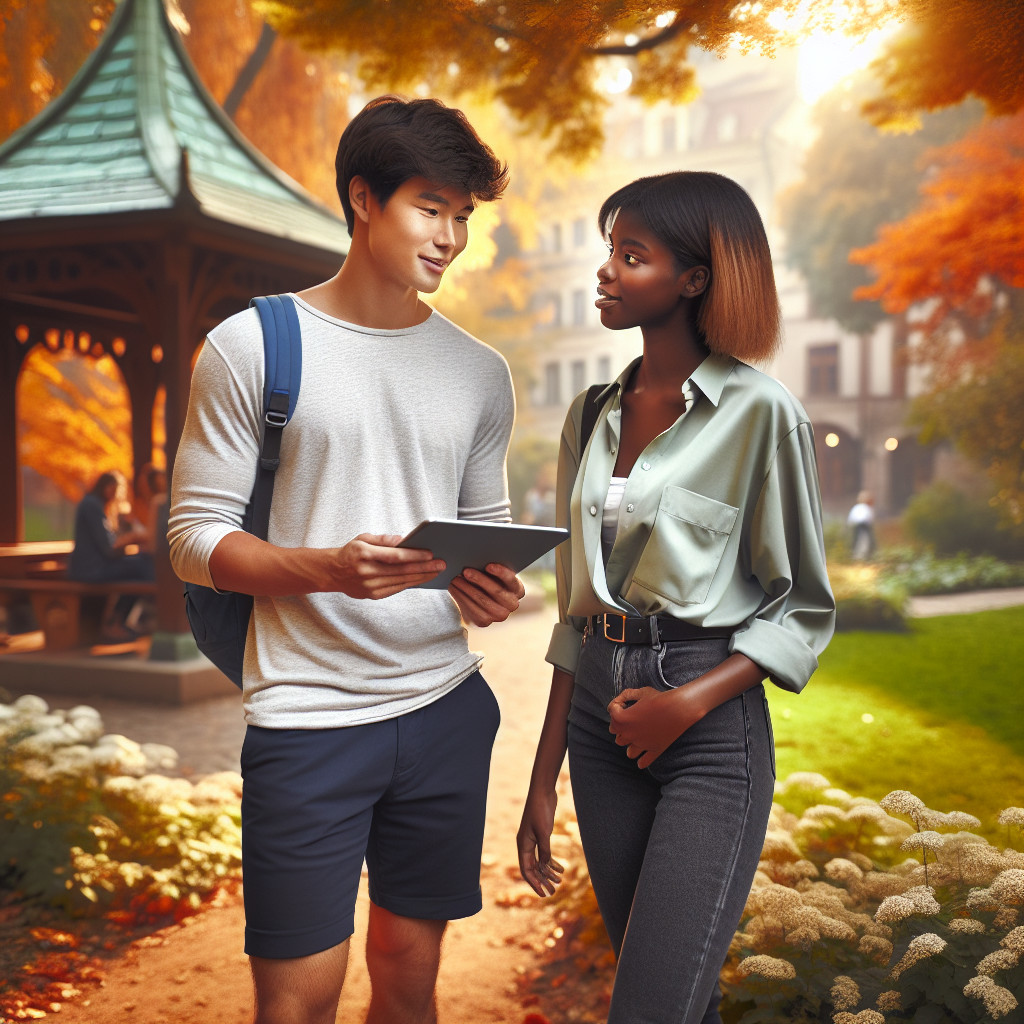 Autumn Park Scene with Two Young Adults Conversing