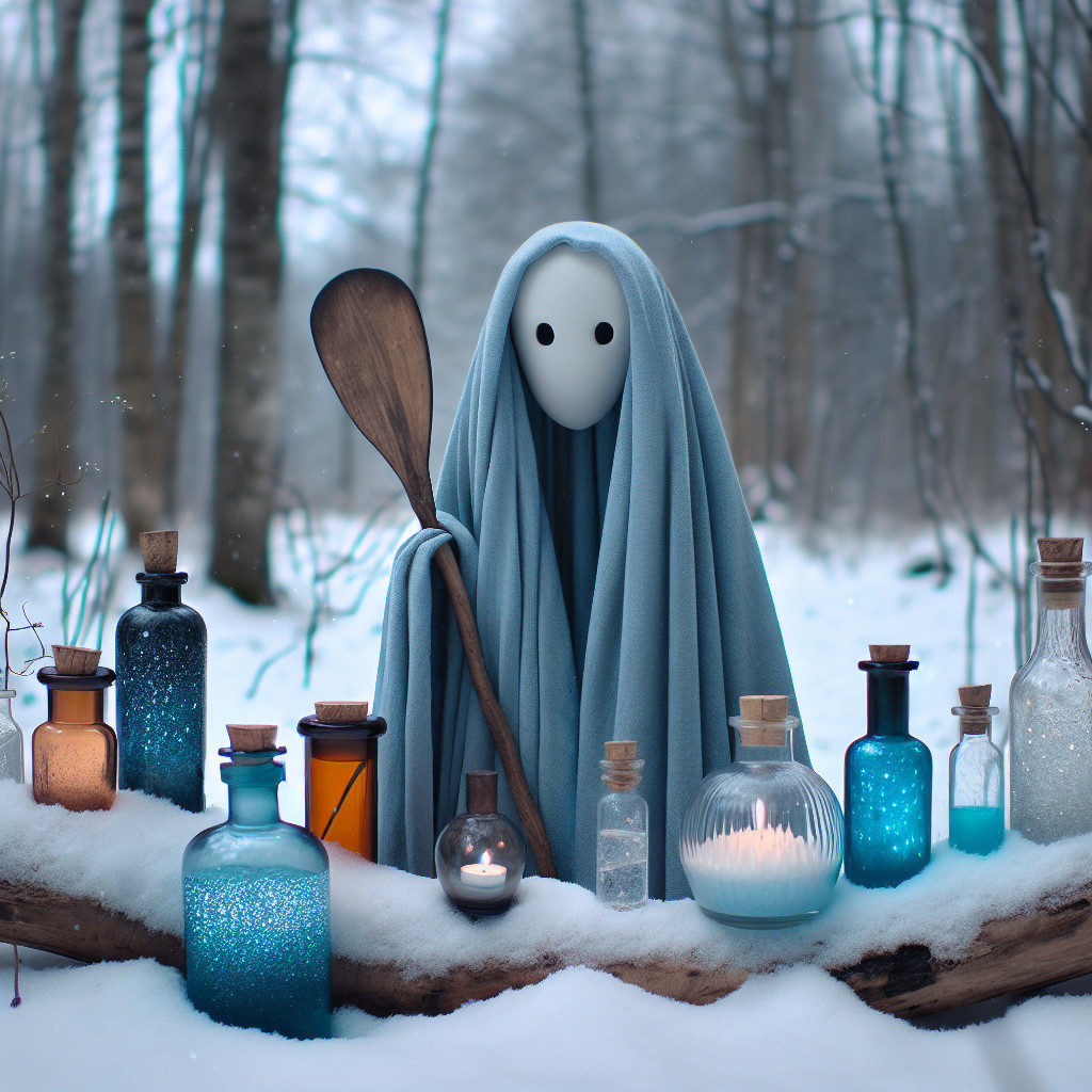 Mysterious Figure with Enchanting Glass Bottles in Snow