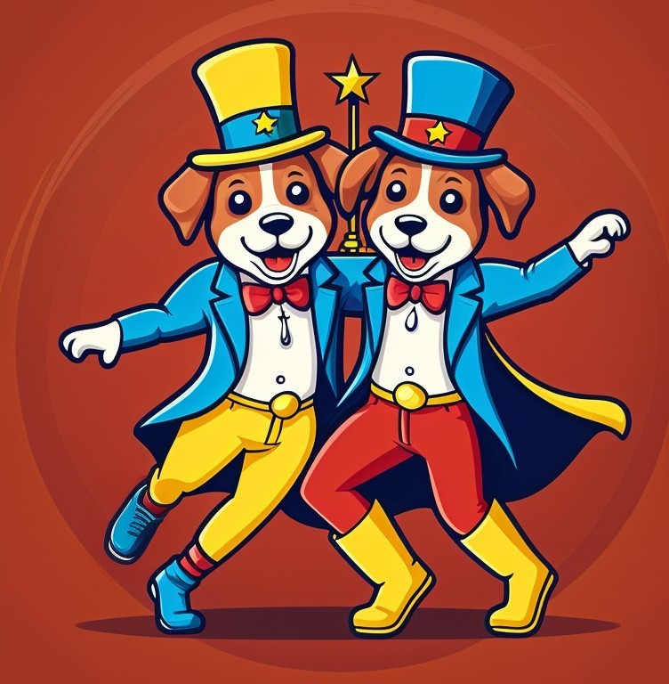 Cheerful Cartoon Dogs in Magical Dance Scene