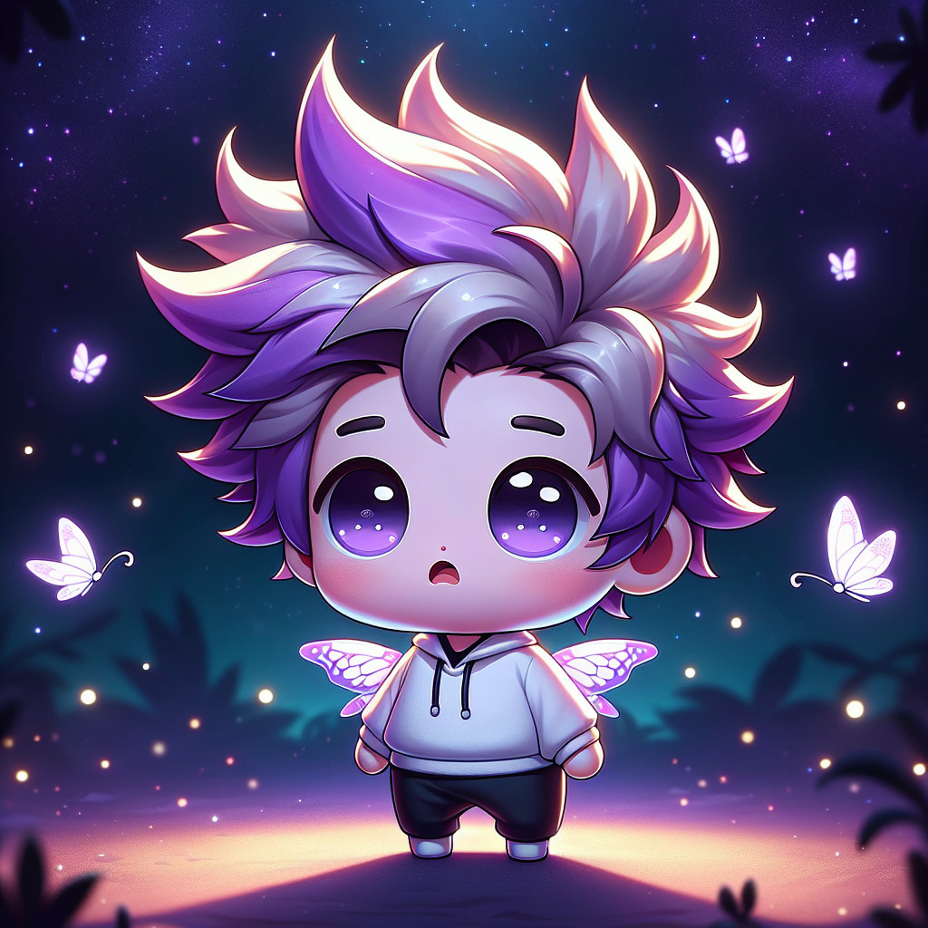 Chibi Character in Magical Night Scene with Butterflies