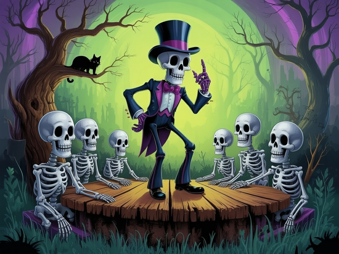 Dapper Skeleton Performance in Whimsical Graveyard