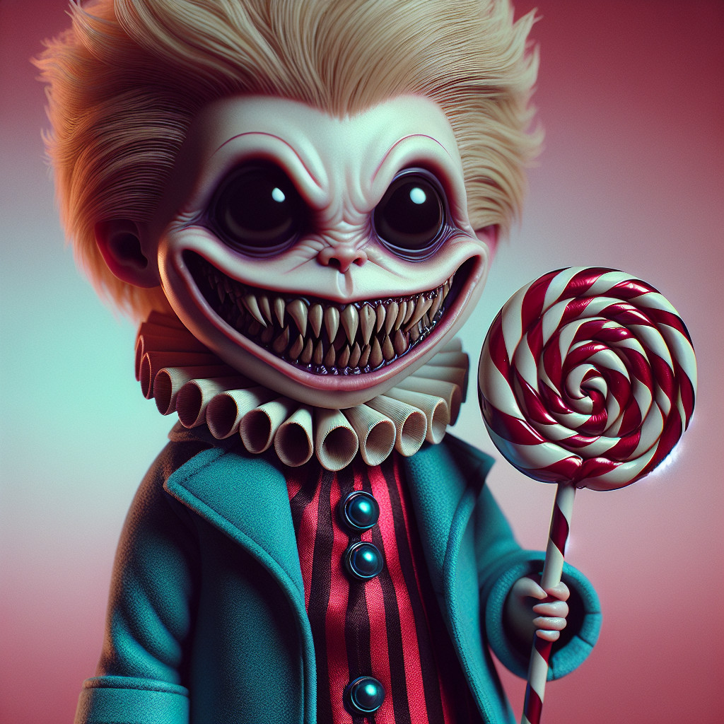 Whimsical Creepy Character with Lollipop and Gradient Background
