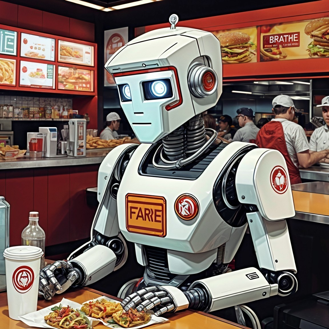 Futuristic Robot in Fast-Food Restaurant Setting