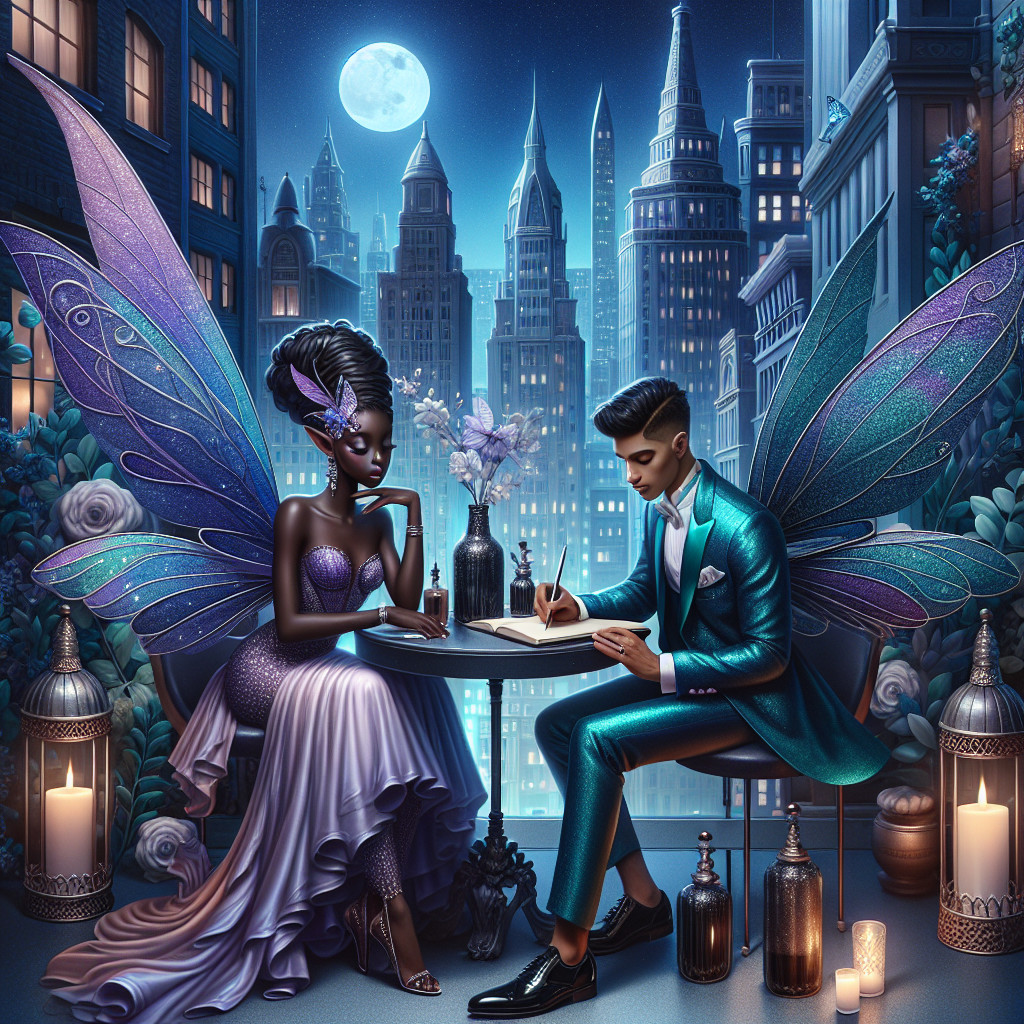 Moonlit Cityscape with Romantic Couple and Lanterns