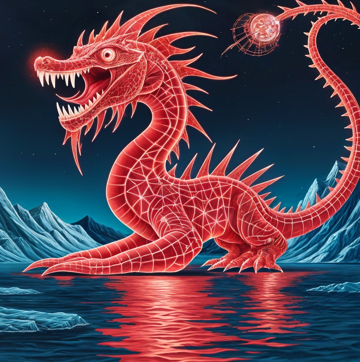Bright Red Dragon Emerges from Water with Cosmic Sphere