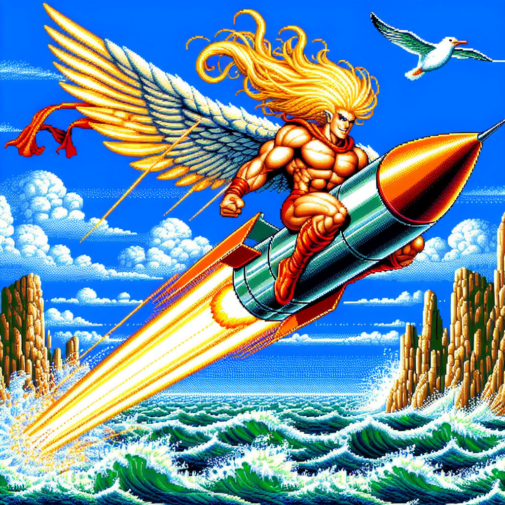 Muscular Figure with Wings Riding Rocket Over Ocean