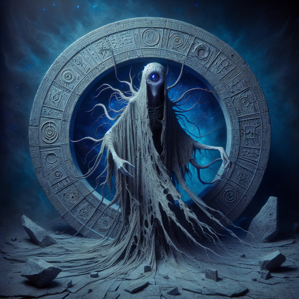 Ghostly Figure Before Ancient Carved Circular Portal