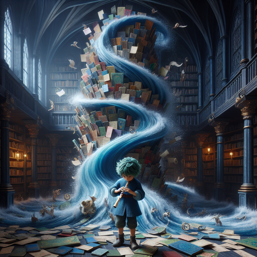 Whimsical Library Scene with Turquoise-Haired Boy
