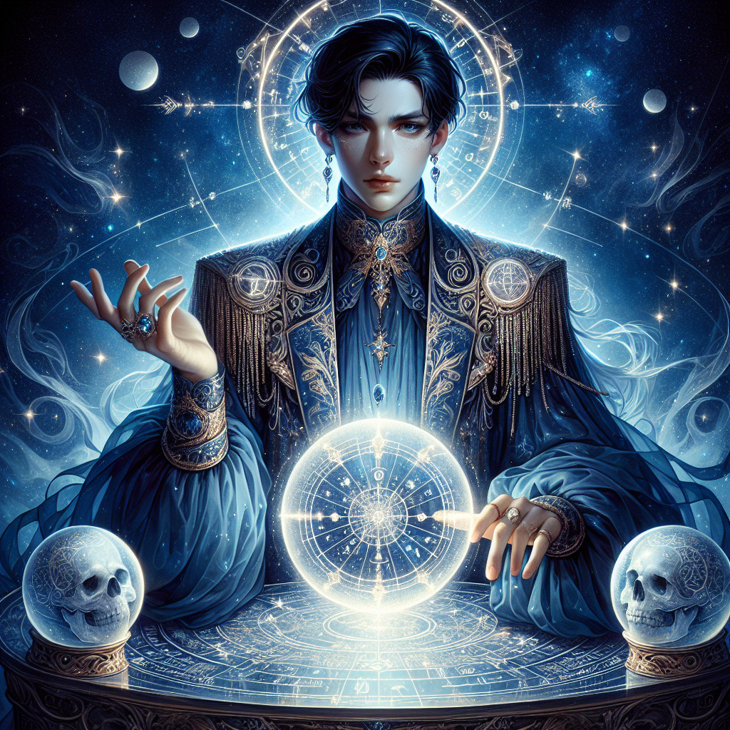 Mystical Figure with Crystal Ball and Celestial Symbols