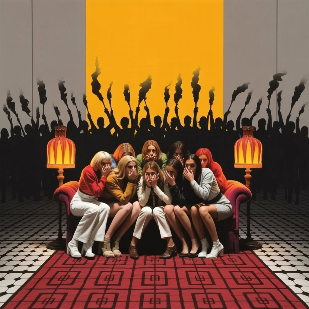 Group of Women on Colorful Sofa with Silhouetted Crowd