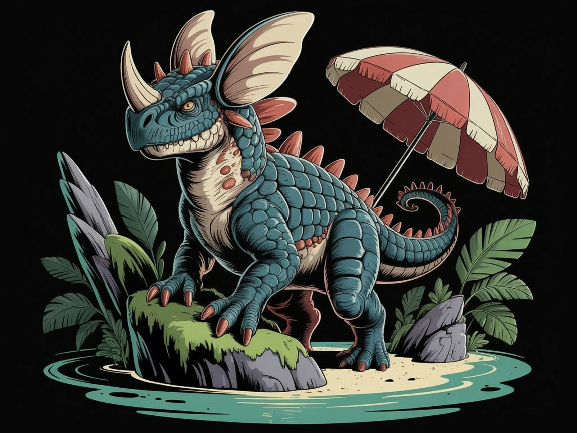Cartoon Dinosaur on Rocky Island with Beach Umbrella