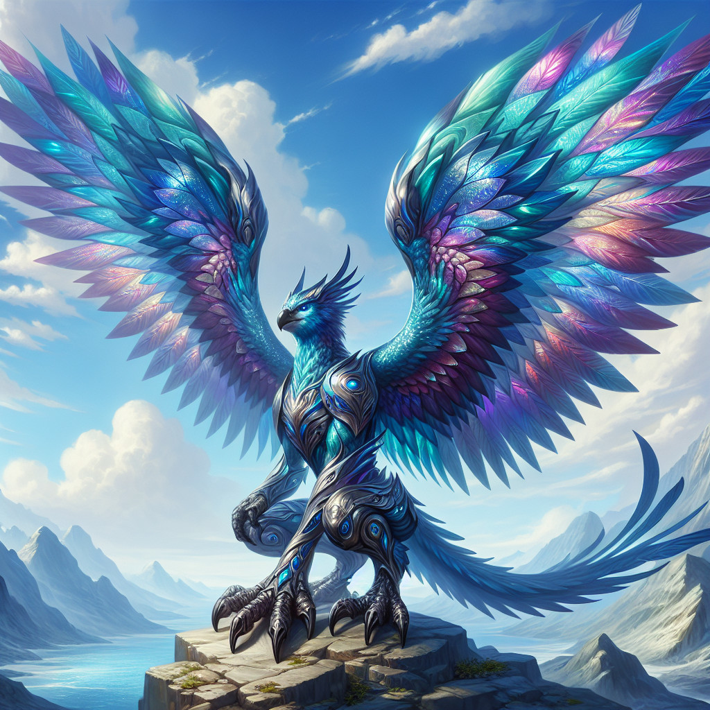 Majestic creature with iridescent feathers by lake